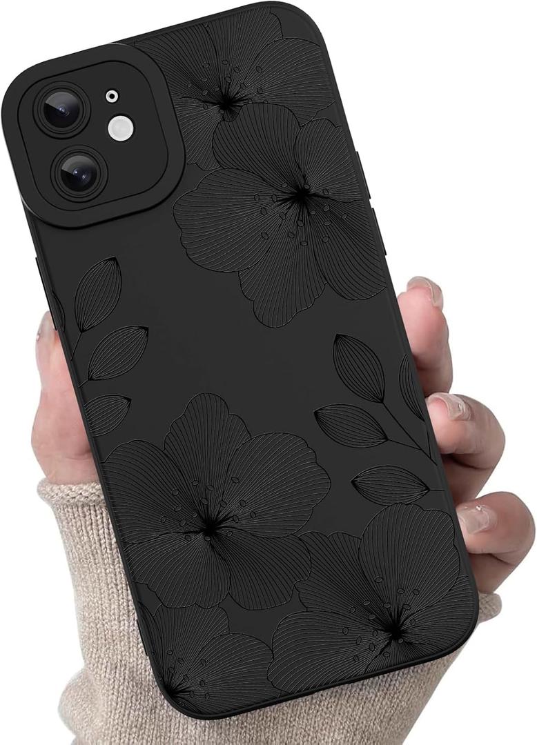 for iPhone 12 Case, Cute Floral Flower Pattern Print Design Soft TPU Full Camera Lens Anti-Drop Anti-Scratch Shockproof Protective Slim Phone Cover for Women Girls - Black