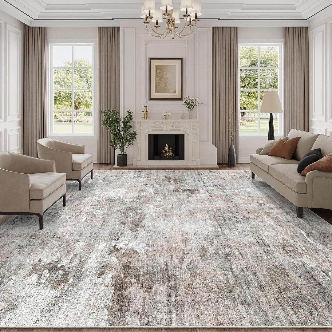 Abstract Rug 8x10 Large Living Room Rugs Neutral Modern Washable Area Rugs for Bedroom Dining Room Non-Slip Stain Resistant Foldable Thin Rug Grey Pink
