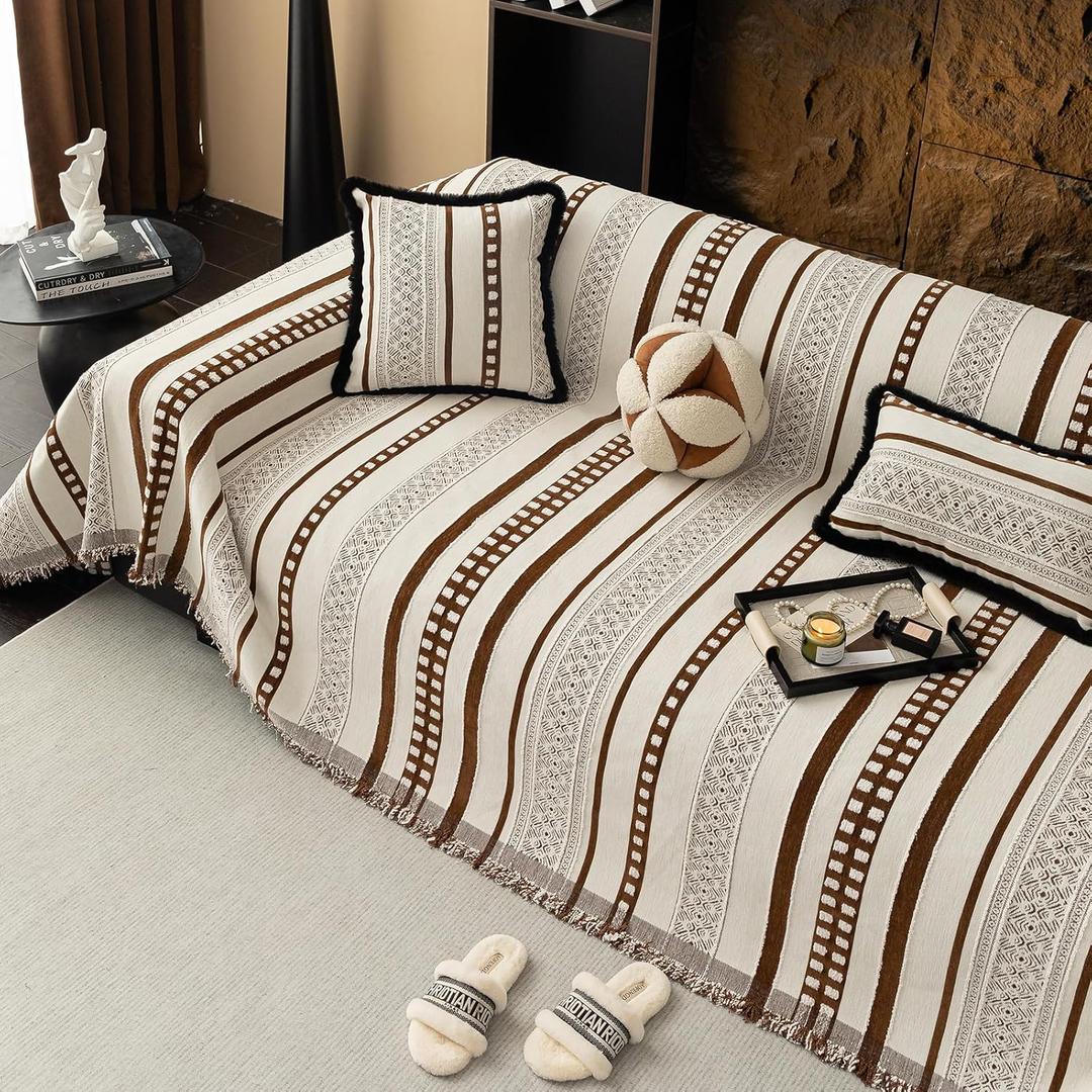 Striped Couch Cover Blankets, Boho Couch Covers, Sofa Blanket Cover for Dogs, Medium Couch Covers for Recliner and Chair, Chenille Sofa Covers Washable Sectional(1pc/Brown/5971")