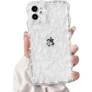 NITITOP Compatible with iPhone 11 Case Curly Clear Cute Floral Flower Leaves Design for Women Girls Artistic Wavy Frame Soft TPU Shockproof Protective Full Camera Protection Cover - White