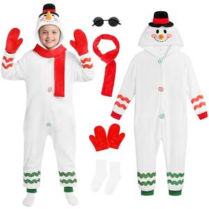 AOTHSO 5 Packs Kids Snowman Onesie Christmas Costume Plush One-Piece Cosplay Set with Gloves Scarf Glasses for Boys Girls  9-10 years