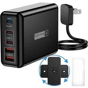 Fast Charger USB C 100W, 5 Ports Charging Blocks Ultra Thin Flat Plug, USB Charging Hub with 360 Rotated Adhesive Punch-Free Holder, Charging Station for Laptops, Tablets, Cellphones Stuff