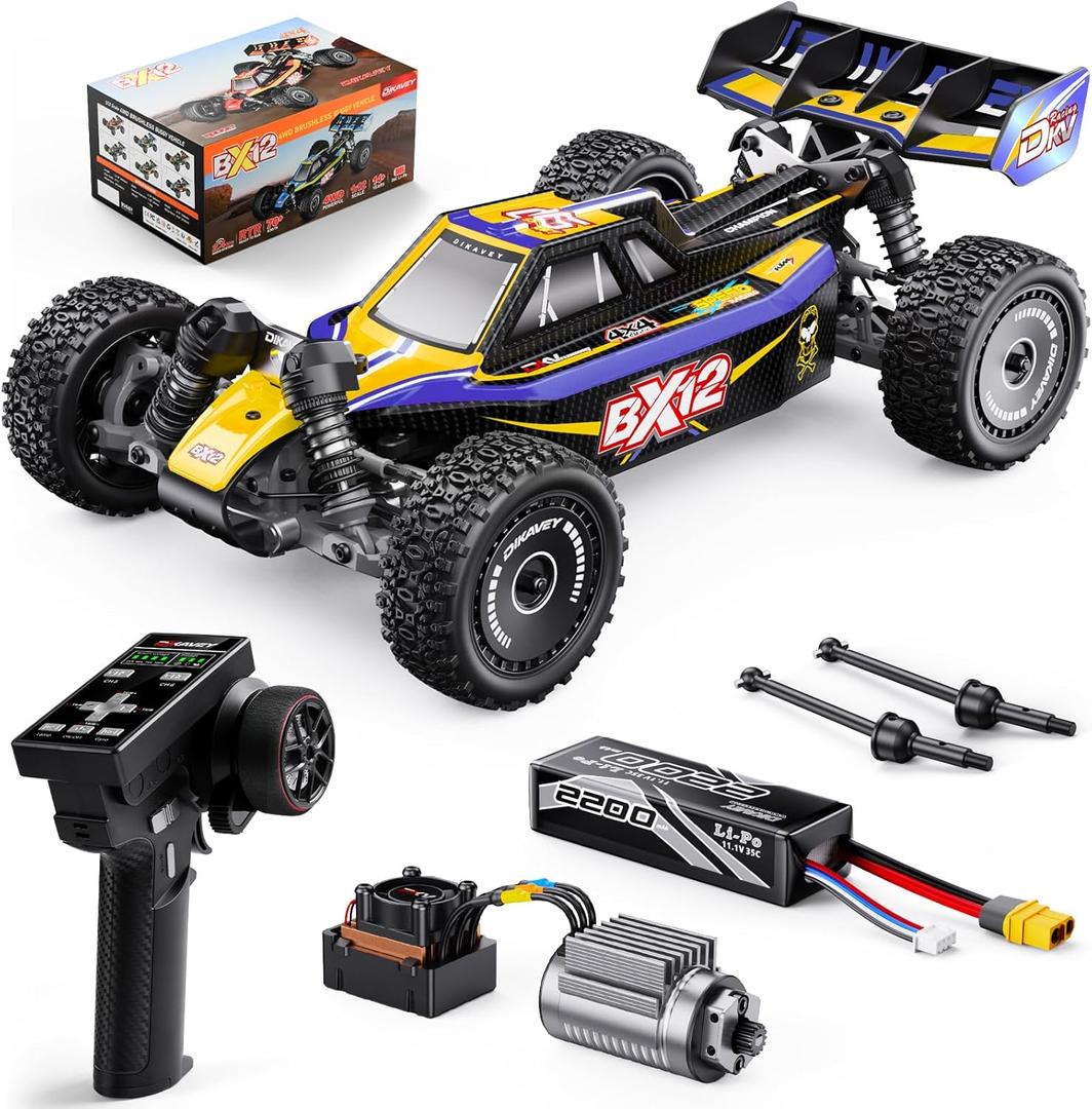 DIKAVEY 1/12 Brushless RC Cars for Adults,Remote Control Car for Fast Max 50 MPH 4X4 High Speed Racing RC Buggy with 3S 2200 mAh Battery,Fast Off-Road RC Truck, Suitable as Giftfor Beginner -Yellow