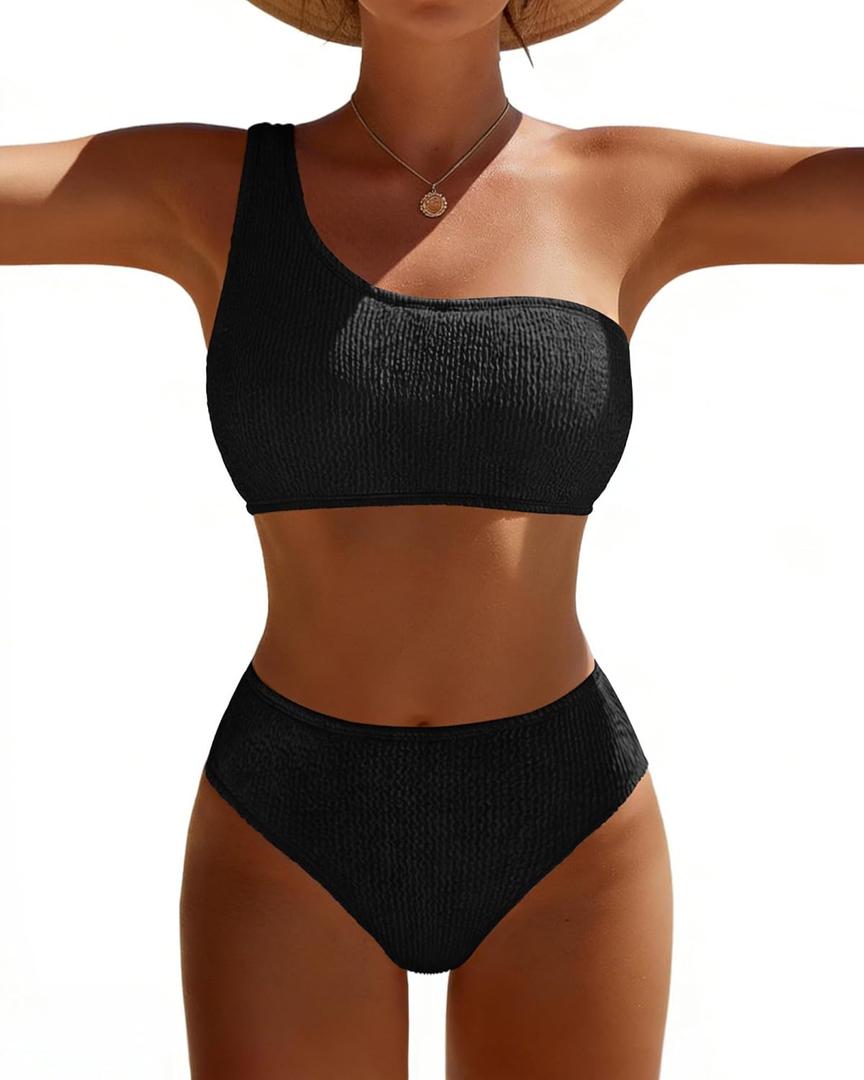 Bikini Sets for Women High Waisted 2 Piece Bestselling Swimsuit Ribbed One Shoulder Tummy Control Bathing Suit 2026 (Medium, Black)