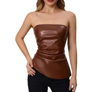 MakeMeChic Women's Leather Corset Tops Strapless Tube Asymmetrical Ruched Backless Crop Going Out Tops (Brown), Small
