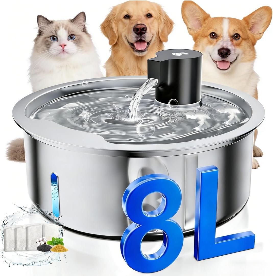 Dog Water Fountain, 8L Stainless Steel Dog Water Fountain for Large Dogs, Dog Water Bowl Dispenser, Super Quiet Pump and Replacement Filters for Cats and Dogs (Silver-8L+3Filters)
