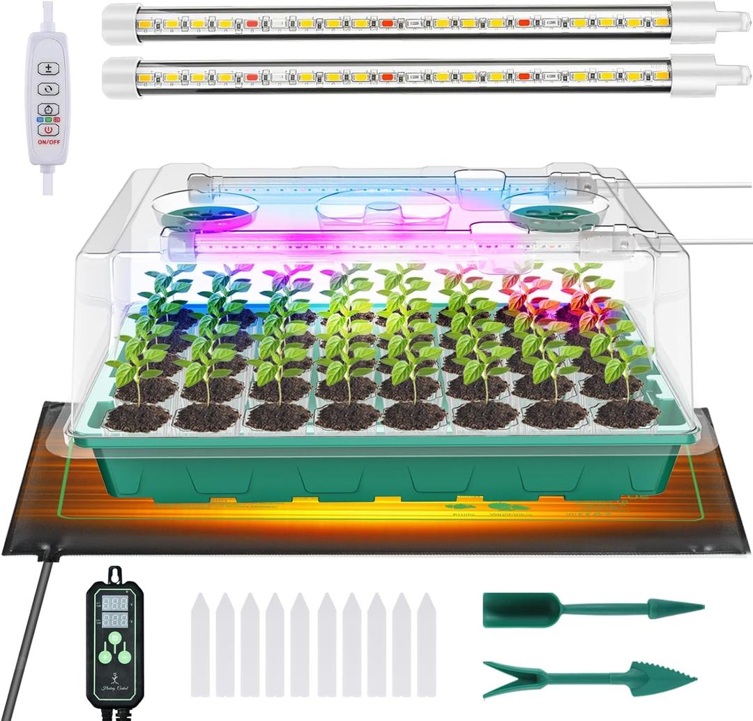 Seed Starter Tray with Grow Light and Thermostat Controller Heat Mat, 10"x 20.75" Heat Mats for Plant Growing68-113F Adjustable Color Change Grow Lights Germination Trays Kits, Green