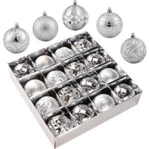 Christmas Ornaments - 16 Pcs Christmas Ball Ornaments Set, Assorted Shatterproof Christmas Glittering Ornaments for Christmas Tree, Christmas Tree Decoration for Xmas Holiday (Silver)