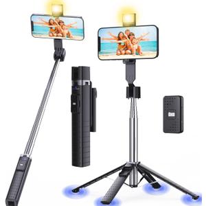 Ambertronix 40 Selfie Stick Tripod Quadrapod, Onboard Light, Wireless Bluetooth Remote, Extendable, Stainless Steel, 3 Light Modes, 9 Brightness Levels, Compatible with All iPhone & Android Devices (Black)