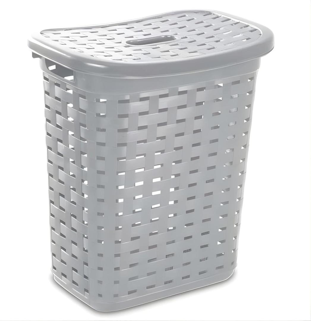 Sterilite Plastic Weave Laundry Hamper with Lid, Decorative Pattern with Handles to Carry Clothes Between the Laundry Room and Bedroom, Gray, 4-Pack