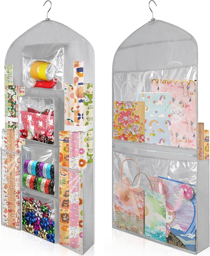 Woodoulogy Hanging Gift Wrapping Paper Storage, 48x24 (Extra Large) Grey Double-Sided Christmas Wrapper Bag Container, Oxford Long Craft Roll Organizer, Present Wrap Holder for Closet, Door