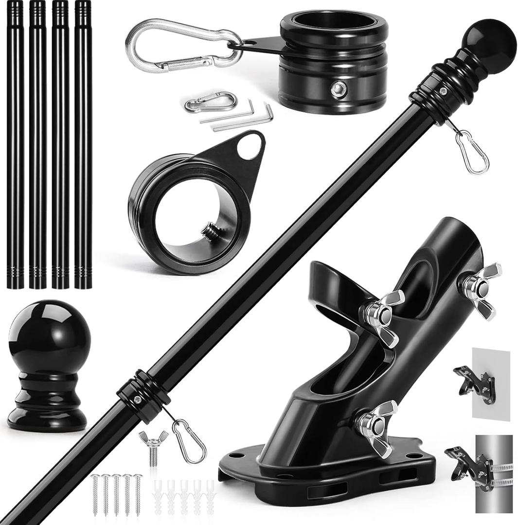 Anovo Flag Pole Kit- Stainless Steel 5 FT Flag Poles with1 Inch Metal 360 Rotating Flag Pole Rings Clip, Two-Position Flag Pole Holder Brackets Mounting for Outside House Outdoor Porch (5 FT - Black)