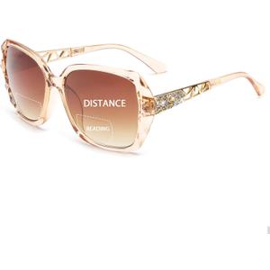 JM Bifocal Reading Sunglasses for Women Fashion Oversized Square Sun Readers Outdoor Reading Glasses UV400 Protection Brown +2.0