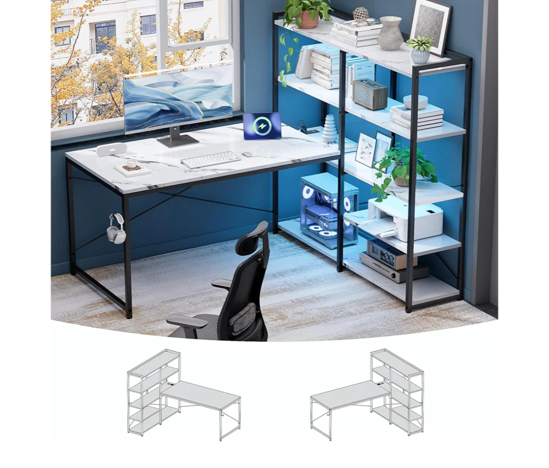 Pamray L Shaped Computer Desk with Reversible Side Storage Shelves, 49 Inch Gaming Desk with Power Outlets and Led Lights, PC Table for Home Office and Bedroom Marble