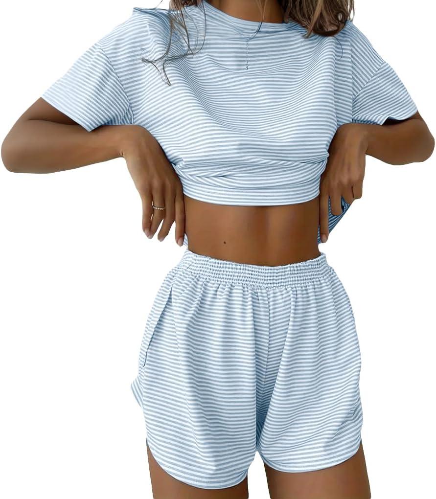 Ciaotin Women 2 Piece Pajama Sets Cute Stripe Short Sleeve Tee Top and Split Shorts Lounge Set Sleepwear Pjs Home Loungewear Blue (Blue, S)