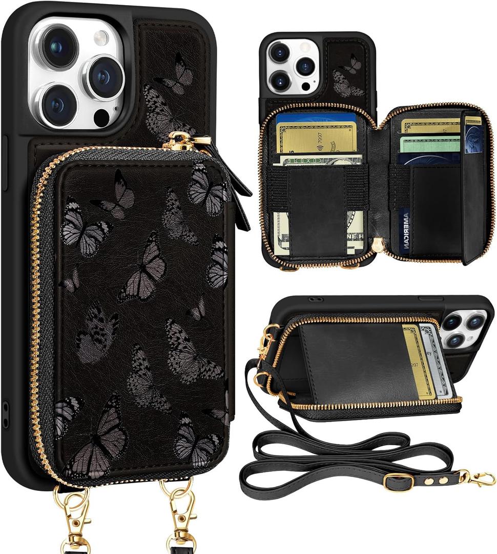 Shorogyt for iPhone 13 Pro Max Case Wallet Crossbody, RFID Blocking Card Holder Slots Designer Black Butterfly Leather Handbag Purse Phone Cases with Lanyard for iPhone 13 Promax