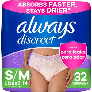 Always Discreet Adult Incontinence Underwear for Women and Postpartum Underwear, Small/Medium, Up to 100% Bladder Leak Protection, 32 Count