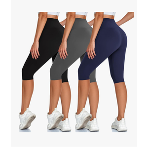 High Waisted 3 Pack Women's Capri Pants - Knee Length Yoga Shorts, Biker Workout Leggings for Women,Summer Activewear L,XL