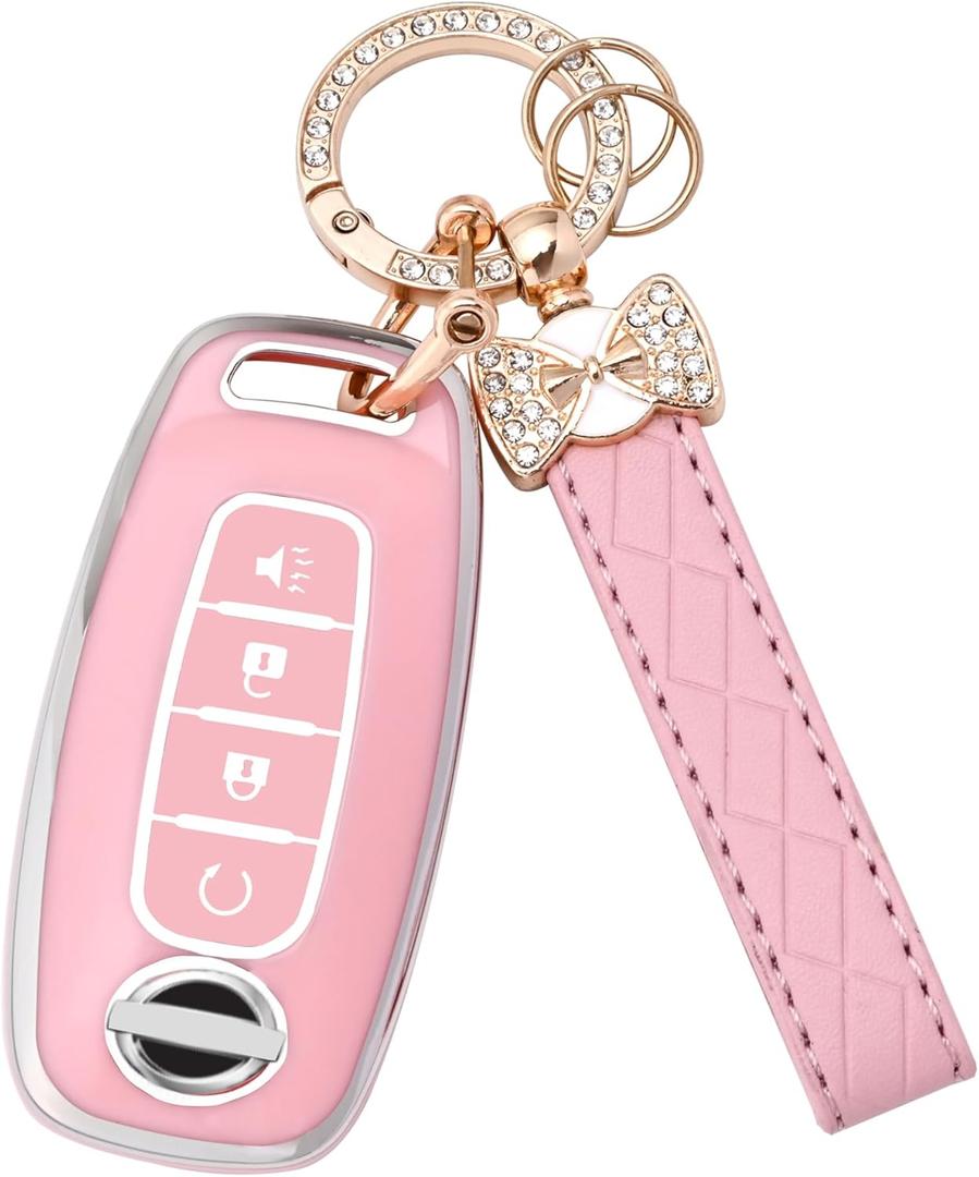 Key Fob Cover for Nissan - 4 Buttons Soft TPU Key Fob Case for 2023 2024 Pathfinder Rogue Versa kicks 2025 Sentra Patrol Armada Full Protection Car Key Cover with Bling Keychain (Pink)