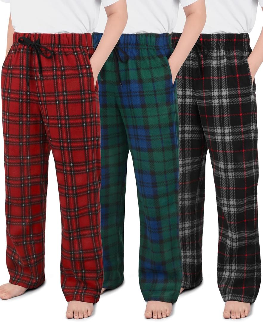 IHU 3 Pack Boys Pajama Pants Kids Micro Fleece Pj Bottoms Sleepwear Plaid Lounge Pant with Drawstring Pockets Boy Clothes (12-14 Years, Gray Plaid, Red Plaid, Blue Plaid)
