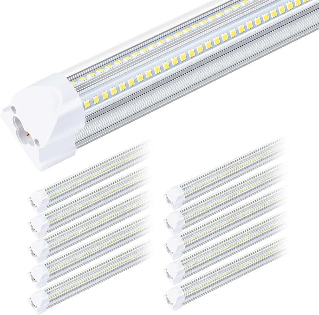 8Ft LED Shop Light Fixture - 100W 15500LM T8 Shop Lights for Garage, 6000K 8 Foot Daylight V Shape Linkable Garage Lights, High Output Clear Cover Plug and Play (10 Pack)