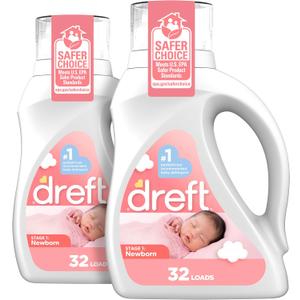 Dreft Newborn Baby Liquid Laundry Detergent, Gentle on Sensitive Skin, HE Compatible, 2 pack, 32 loads each