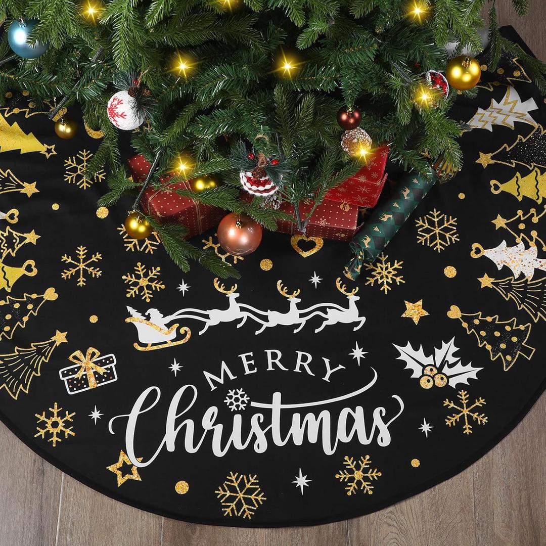 Capoda Christmas Tree Skirt 48 Inch Short Plush Xmas Tree Mat Merry Christmas Tree Collar for Winter Holiday Home Room Christmas Tree Decorations Supplies (Black Gold)