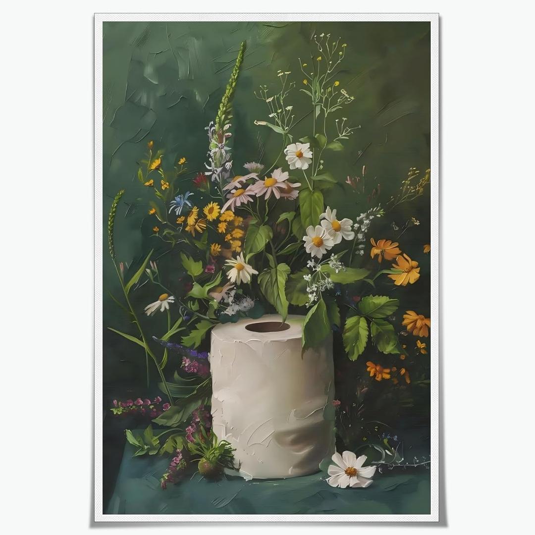 Floral Bathroom Canvas Wall Art - Green Flowers Aesthetic Poster - Moody Wildflowers Botanical Print - Toilet Paper Roll with Plants Picture - Bathroom Calming Wall Art - 16x24inch Unframed (16L" x 24W")
