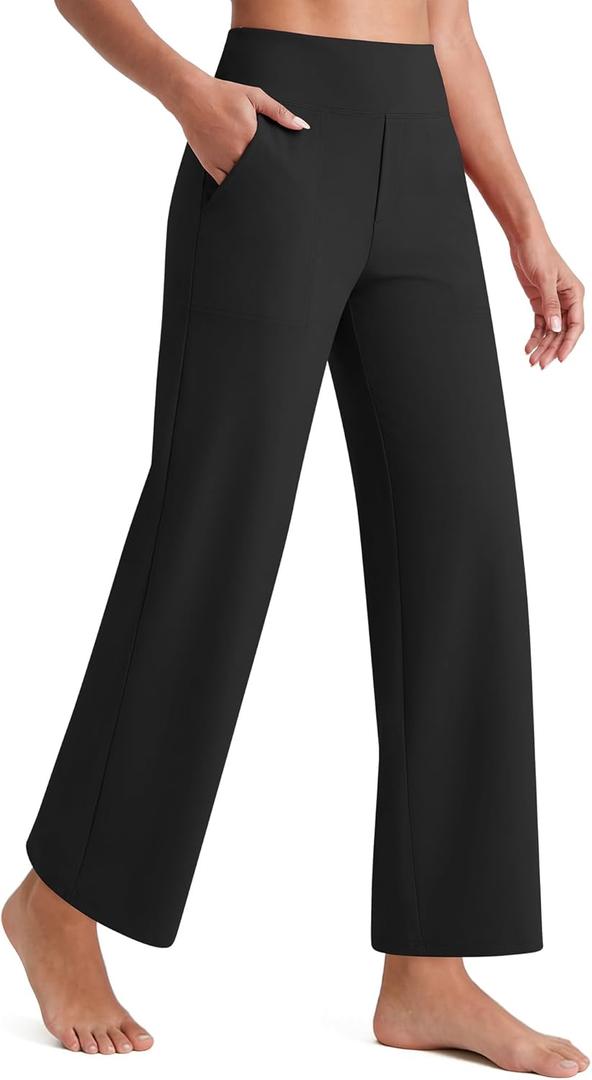 G4Free EverGoing Wide Leg Ankle Pants for Women 7/8 Length Yoga Dress Pants High Waist Stretch with Pockets Casual Work (Black, M)