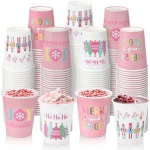 Yaomiao 200 Pcs Pink Christmas Disposable Paper Cups Bulk 9 oz Nutcrackers Macarons Pastel Hot Chocolate Cocoa Cups for Xmas Holiday Home Drinkware Decorations Supplies