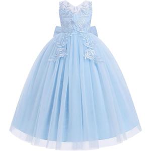 IDOPIP Flower Girl Lace Dress for Kids Wedding Bridesmaid Pageant Party Formal Long Gown Princess Communion Tulle Bow Dresses (13-14 Years, Blue)