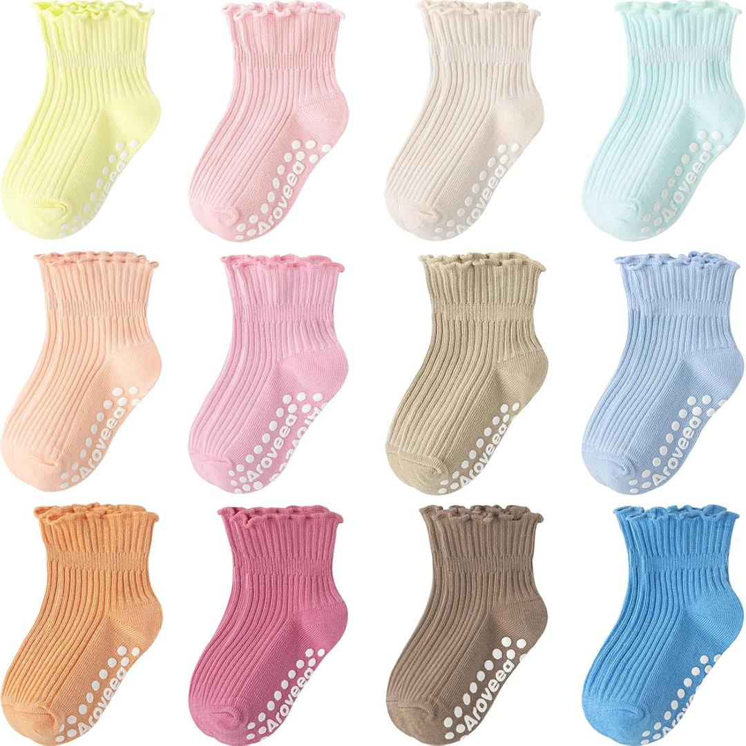 Baby Toddler Girls Socks Grip Ruffle Non Slip Girls Cotton 12 Pack Socks for Kids Cute Ankle 6M-7Years (Frilly Rainbow)