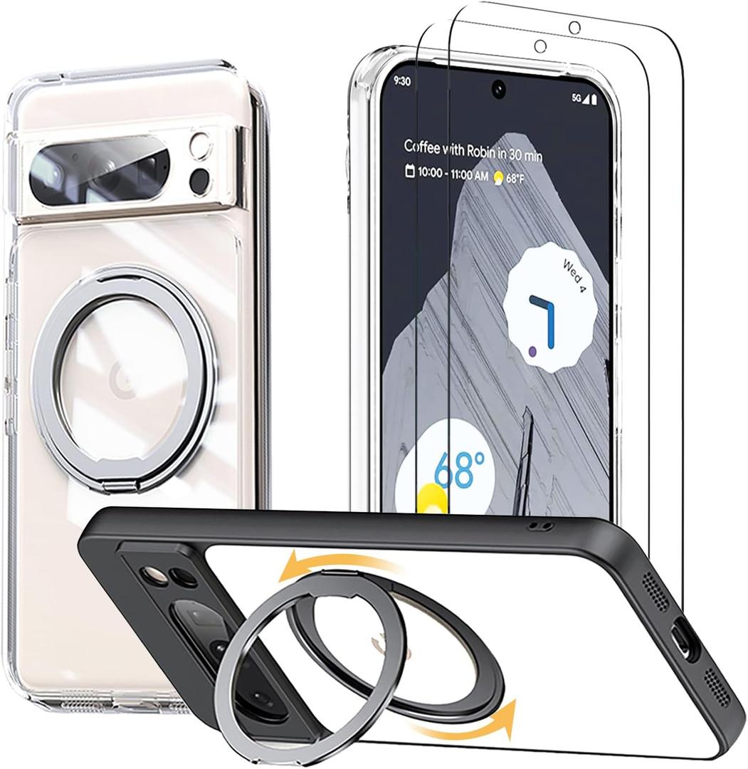 Magnetic Stand Case for Google Pixel 8 Pro [with 2 Tempered Glass Film] [360 Rotation Magnetic Stand] [Compatible with Magsafe] Military-Grade Drop Protection Case, Clear