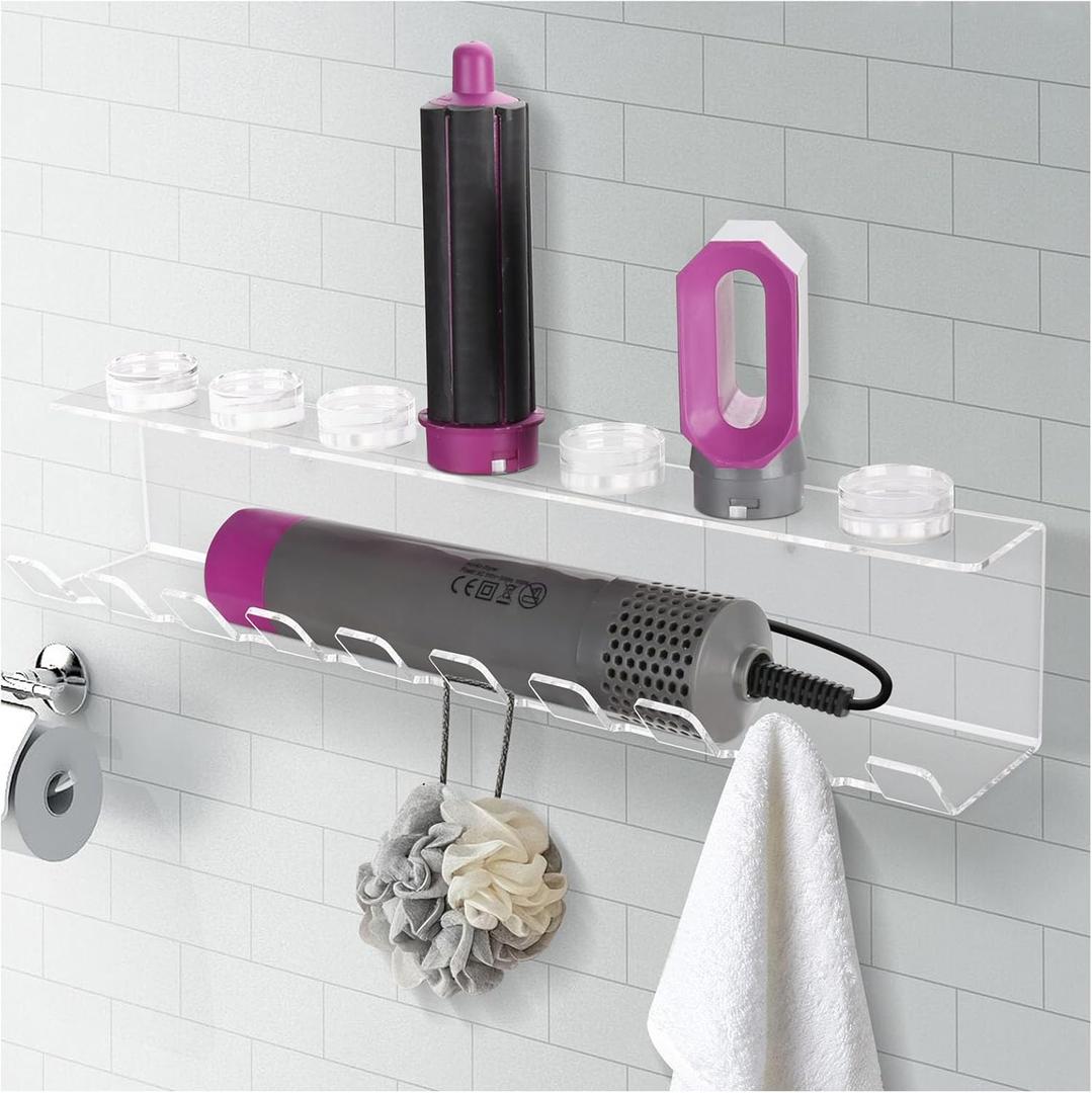 Storage Holder for Curling Iron and Flat Iron, Clear Acrylic Hair Dryer Organizer with Hooks for Wand Barrels Curling Barrels Shower Caps Towels & Hair Accessories Storage