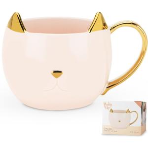 Pinky Up Chloe Cat Ceramic Coffee Mug, Tea Cups, Travel Mugs for Cappuccino, Latte, Hot Chocolate, Milk, Herbal Teas, 12 oz, Set of 1, Pink