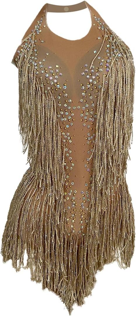 Women Rhinestones Fringes Leotard for Latin Dance Nightclub Party Costume Stage Wear Performance Tassel Bodysuit One Size