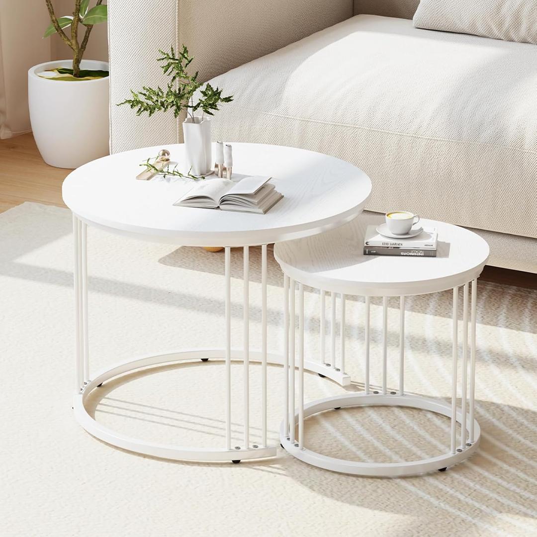Garden 4 you Nesting Coffee Table, 23.6" Round Coffee Table Set of 2, Wooden Nesting Table with Metal Frame, Ceter Tables for Living Room Bedroom Balcony, White, 23.6 inches x 23.6 inches x 19.7 inches