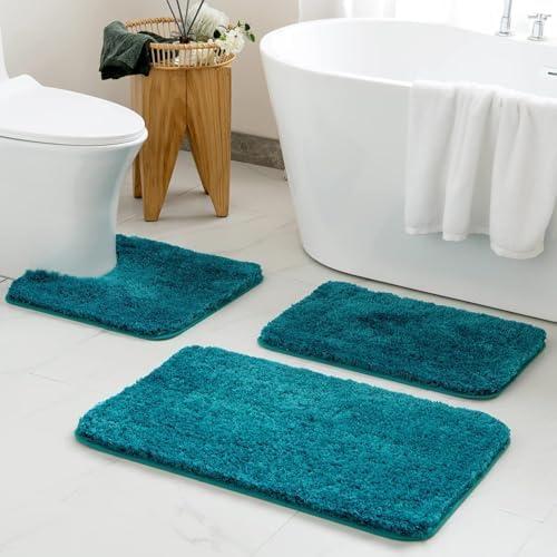 MIULEE Bathroom Rugs Sets 3 Piece Including U Shaped Toilet Rug - Soft Absorbent Bath Mats Set with Non Slip Rubber Backside, Machine Washable - Teal, 20"x30"+16"x24"+U 20"x24"