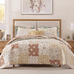 CASAAGUSTO Queen Quilt Set - 3 Pieces Patchwork Terracotta Quilt Bedding Set, Lightweight Queen Bedspread Coverlet, Reversible Floral Bed Cover for All Seasons (90"x94", 1 Quilt + 2 Pillow Shams)