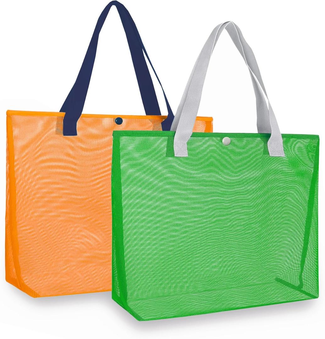 2Pack Large lightweight Simple Mesh Beach Tote Bag With snap Button Reusable Pool Bag for Outdoor Travel Shopping Gym (Orange+green)