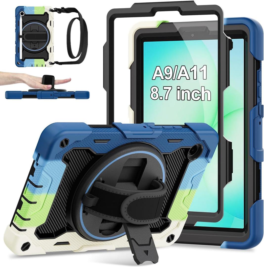 for Galaxy Tab A11/ A9 Case 8.7 Inch, Rugged Case for Samsung Galaxy A9/ A11 Tablet with Screen Protector 360 Rotating Stand Shoulder Strap Pen Holder 2025/2023 Model, Blue/Black