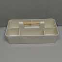 Baby Shower Caddy Plastic Nursery Portable Storage Organizer Caddy Tote for Child/Kids, Divided Basket Bin with Wood Handle for Bathroom, Dorm Room, Holds Hand Soap, Bottles, Spoons (Beige)