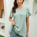 Womens Tops Dressy Casual Swiss Dot V Neck Ruffle Tunic Blouse for Women Cute Petal Short Sleeve Pom Pom Shirt Office (Green)
