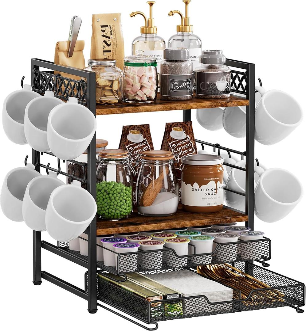 Coffee Bar Organizer Countertop Station Accessories, 4 Tier Mug Cup Holder with 12 Hooks, K Cup Coffee Pod Holder, Multifunctional Countertop Organizer for Kitchen