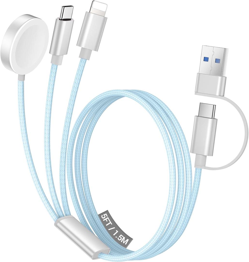 Temdan for Apple Watch Charger,3 in 2 USB C Cable for iPhone 16 Charger/Type C/Lightning,Multi Charging Cable Cord,Portable Travel Essentials Designed for iWatch Ultra/SE/10-1&iPhone 16-12-5FT Blue