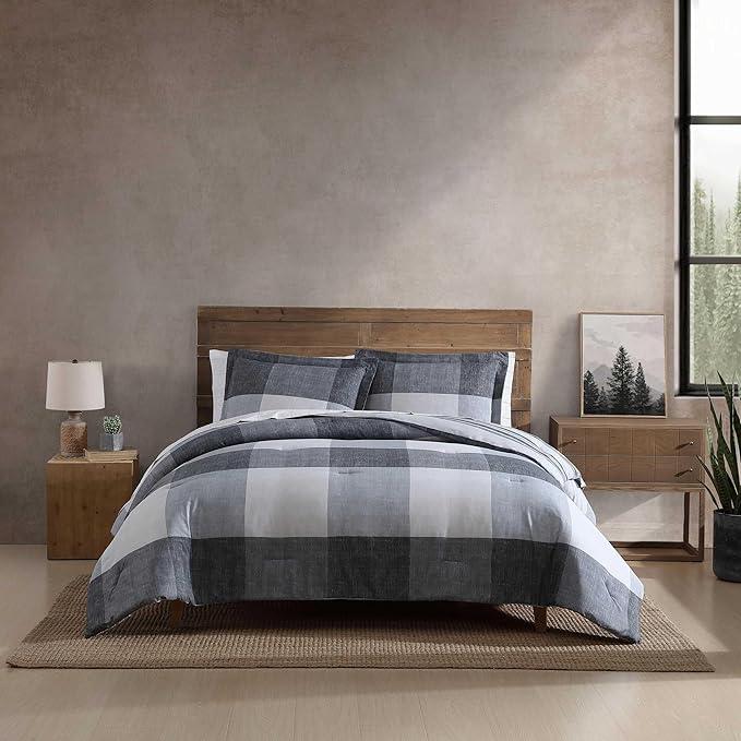 Eddie Bauer - Oversized King Comforter Set, 7 Piece Bed in a Bag Bedding Set, Easy Care Cotton Percale Blend, Ultra-Soft Breathable Fabrics (Plaid Grey, King)