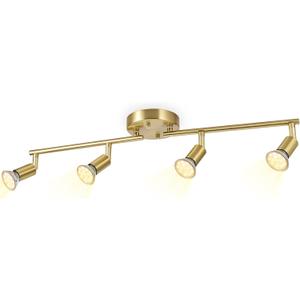 JQiRe LED 4 Light Track Lighting Kit,Gold 4 Way Ceiling Spot Lights,Flexibly Rotatable Light Heads,Foldable Track Light Fixtures,Included 4 x LED GU10 Bulb (4W 400LM Warm White 2700K)