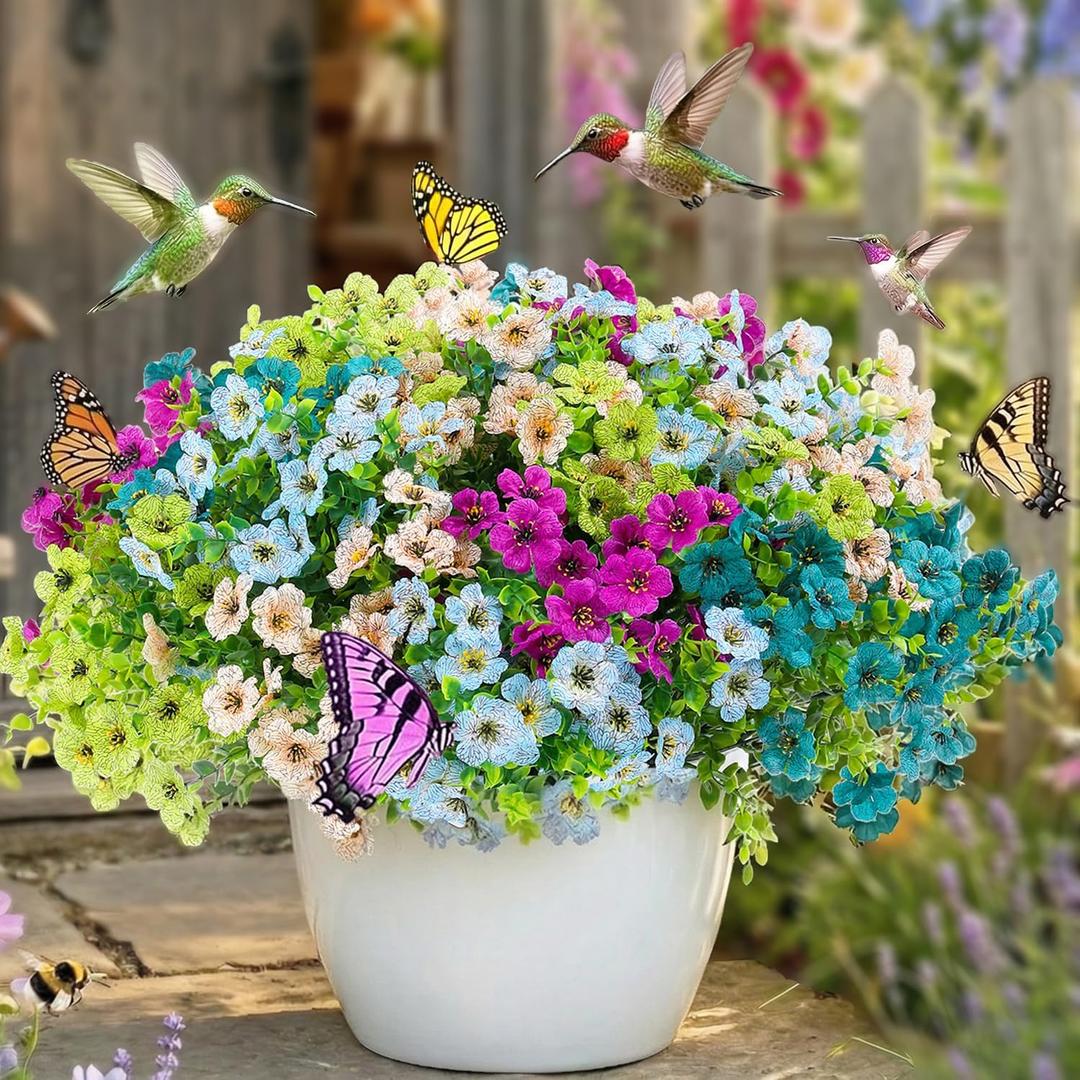 Artificial Flowers for Outdoor Decor, 16 Pack UV-Resistant Fake Colorful Silk Daisy Flowers, Perfect for Spring & Summer Decorating  Front Porch, Patio, Window Boxes, and Potted Plants (Mixed Color2(green,teal,purple,blue,champagne))