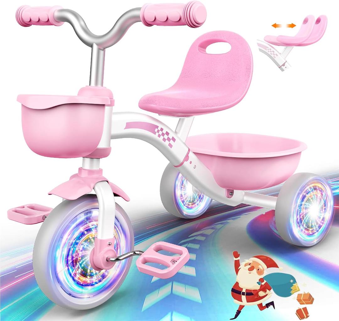 Toddler Tricycle for 1-3 3-5 Year Olds, 2 3 4 5 Year Old Girl Xmas Birthday Gifts, Pink Toddler Baby Bike, 3-Level Adjustable Seat, 3 Color Light Wheels, 2 Baskets, Outdoor Toys for Ages 2-4