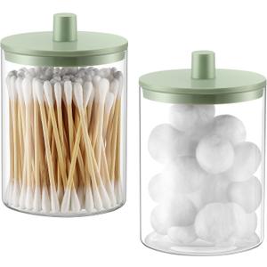TIPGO Glass Qtip Holder Dispenser for Bathroom - 10 oz Clear Canister Apothecary Jar for Cotton Swabs, Balls, Pads, Floss Picks, Small Containers for Makeup Storage Organizer (2 Pack, Green)